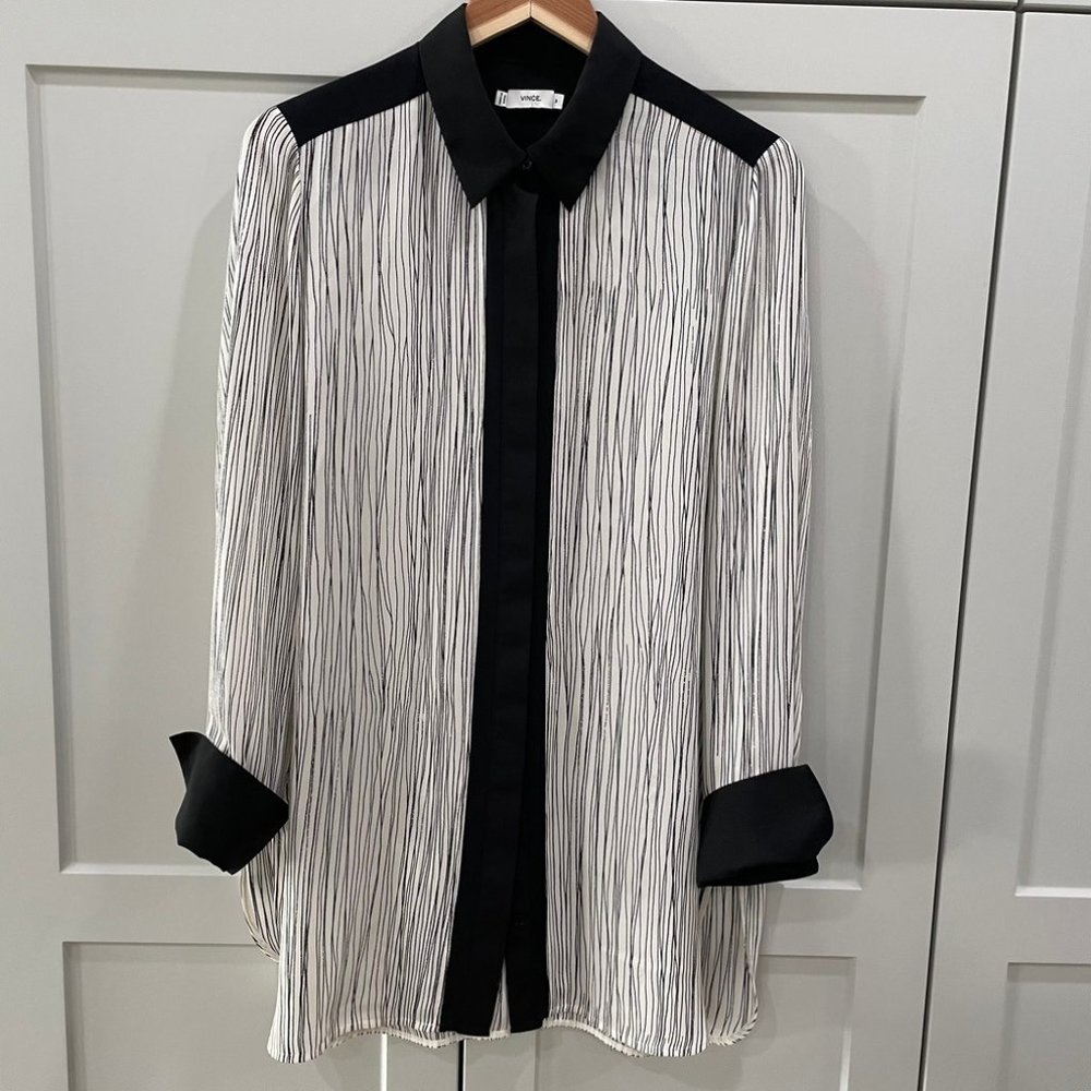 Vince Blouse Womens Medium 100% Silk White Black Long Collared Long Sleeve Tunic
